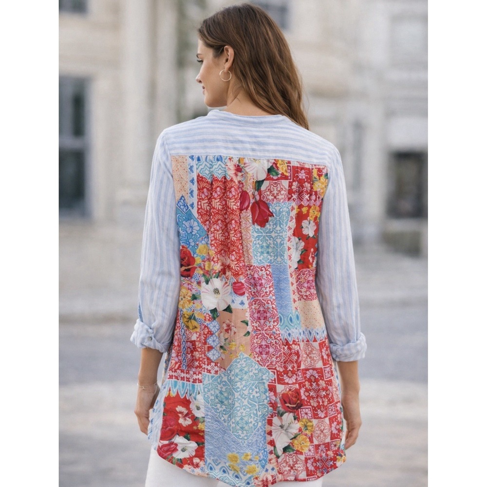 Kyla Seo Linen Mixed‎ Print Long Sleeve Button Down Long Sleeve Tunic Blouse Xl
